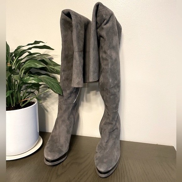 💕 Stuart Weitzman Over The Knee Slate Gray Suede High Heel Stiletto Boots 6.5W - Picture 4 of 13